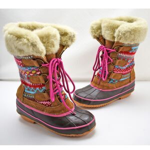 Khombu Dana Brown Suede Multi-Color Sweater Knit Lace Up Boots - Kids Size 1